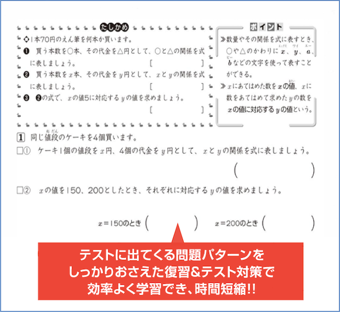 テストに出てくる問題パターンをしっかりおさえた復習＆テスト対策で効率よく学習でき、時間短縮！！