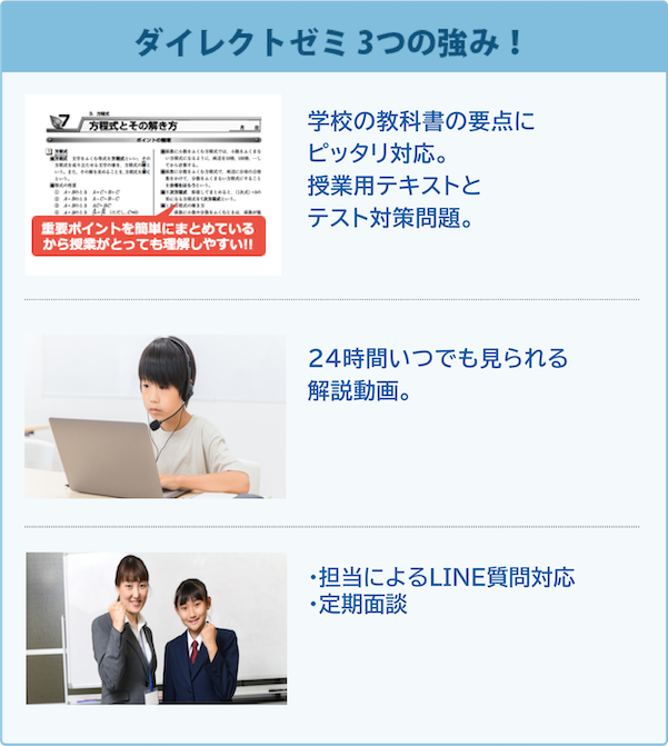 ドリーム３つの強み！
                  １つ：学校の教科書の要点にピッタリ！授業用テキストとテスト対策問題、
                  ２つ：24時間いつでも見られる教科書の解説動画、
                  ３つ：1ヶ月5,000円から家庭教師がつけられます